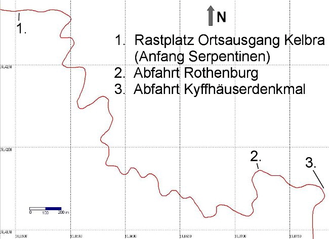 B 85 Kelbra - Abfahrt Kyffhuserdenkmal (Ausschnitt aus GPS-Tracklog)